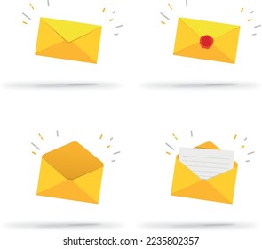 Letter envelope with paper document vector illustration. Closed, open with a message e-mail envelopes. Set mailbox vector icons in flat style. White on background.