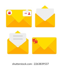 Letter envelope with paper document vector illustration. Closed, open with a message e-mail envelopes. Set mailbox vector icons in flat style.