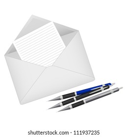 Letter in an envelope and pen