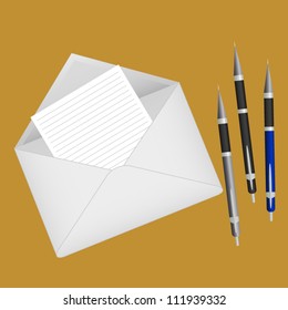 Letter in an envelope and pen