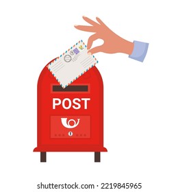 en una caja postal de sobre, entregue el sello postal. Escribe una carta. Enviar una carta por correo. Postbox rojo.