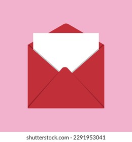 Letter envelope in red color isolated on pink background, envelope vector illustration.