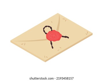 Letter in envelope with red wax seal and rope 3d isometric vector illustration