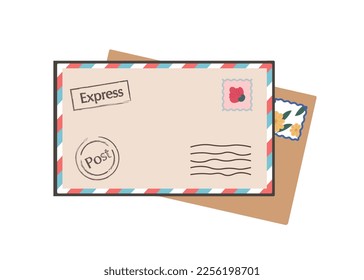 Letter in envelope. Remote communication and interaction, business correspondence. Paper with postage stamps, mail. Poster or banner for website. Cartoon flat vector illustration