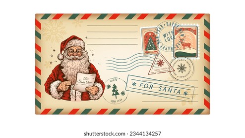 Letter envelope for Santo Kraus in a retro style Christmas greeting card. Vector illustration, vintage, isolated on white background