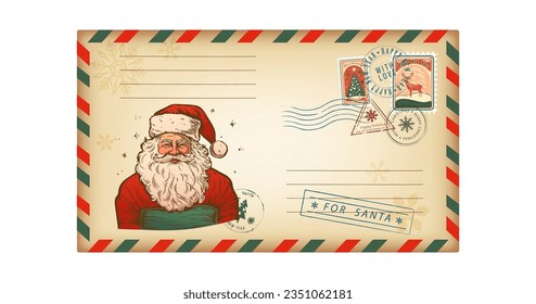 Letter envelope for Santo Kraus in a retro style Christmas greeting card. Vector illustration, vintage, isolated on white background.