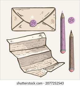 Letter, envelope, sealing and pencile vintage set