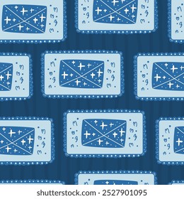 Letter envelope seamless pattern. Frame or stamps holiday endless background. Surface pattern design winter holidays motif. Vector hand drawn flat illustration.