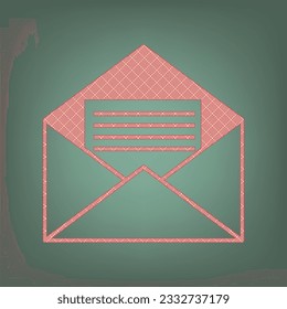 Letter in an envelope sign illustration. Apricot Icon with Brick Red parquet floor graphic pattern on a Ebony background. Feldgrau. Green. Illustration.