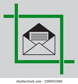 Letter in an envelope sign illustration. Black icon inside green crop tool at light gray background