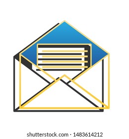Letter in an envelope sign illustration. Blue icon with gold contour with dark gray shadow at white background. Illustration.