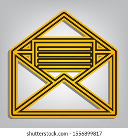 Letter in an envelope sign illustration. Flat orange icon with overlapping linear black icon with gray shadow at whitish background. Illustration.
