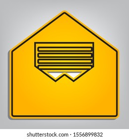 Letter in an envelope sign illustration. Flat orange icon with overlapping linear black icon with gray shadow at whitish background. Illustration.