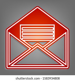 Letter in an envelope sign illustration. Flat red icon with linear white icon with gray shadow at grayish background. Illustration.