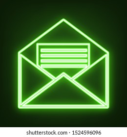 Letter in an envelope sign illustration. Green neon icon in the dark. Blurred lightening. Illustration.