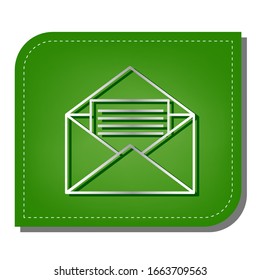 Letter in an envelope sign illustration. Silver gradient line icon with dark green shadow at ecological patched green leaf. Illustration.