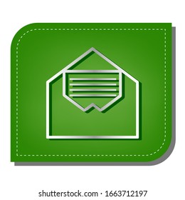 Letter in an envelope sign illustration. Silver gradient line icon with dark green shadow at ecological patched green leaf. Illustration.