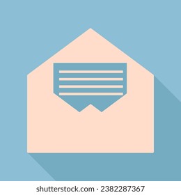 Letter in an envelope sign illustration. Unbleached silk Icon with very long shadow at dark sky blue background. Illustration.