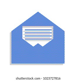 Letter in an envelope sign illustration. Vector. Neon blue icon with cyclamen polka dots pattern with light gray shadow on white background. Isolated.