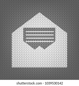 Letter in an envelope sign illustration. Vector. White knitted icon on gray knitted background. Isolated.