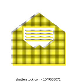 Letter in an envelope sign illustration. Vector. Yellow icon with square pattern duplicate at white background. Isolated.