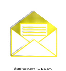 Letter in an envelope sign illustration. Vector. Yellow icon with square pattern duplicate at white background. Isolated.
