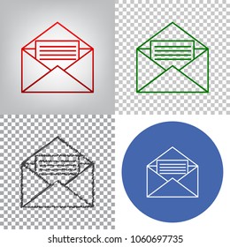 Letter in an envelope sign illustration. Vector. 4 styles. Red gradient in radial lighted background, green flat and gray scribble icons on transparent and linear one in blue circle.