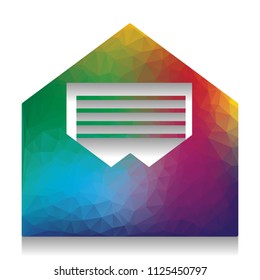 Letter in an envelope sign illustration. Vector. Colorful icon with bright texture of mosaic with soft shadow on white background. Isolated.