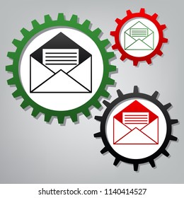 Letter in an envelope sign illustration. Vector. Three connected gears with icons at grayish background.