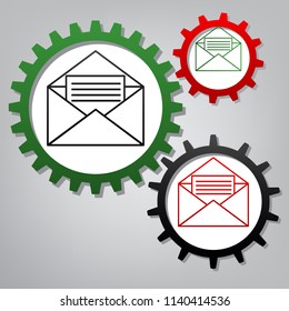 Letter in an envelope sign illustration. Vector. Three connected gears with icons at grayish background.
