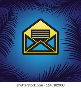 Letter in an envelope sign illustration. Vector. Golden icon with black contour at blue background with branches of palm trees.