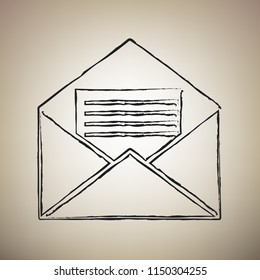 Letter in an envelope sign illustration. Vector. Brush drawed black icon at light brown background.