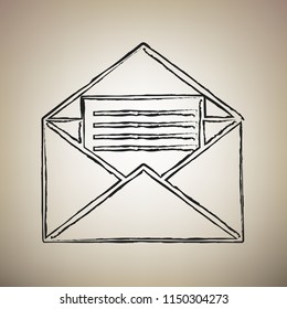 Letter in an envelope sign illustration. Vector. Brush drawed black icon at light brown background.