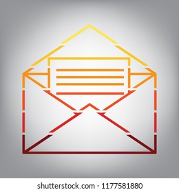 Letter in an envelope sign illustration. Vector. Horizontally sliced icon with colors from sunny gradient in gray background.