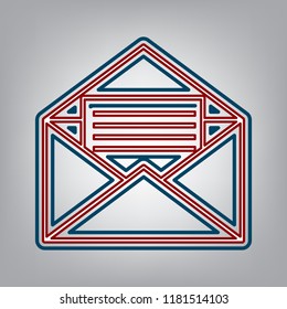 Letter in an envelope sign illustration. Vector. Dark red, transparent and midnight green stroke of white icon at grayish background.