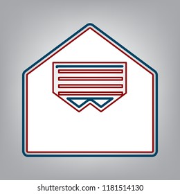 Letter in an envelope sign illustration. Vector. Dark red, transparent and midnight green stroke of white icon at grayish background.