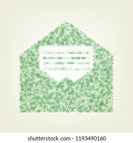 Letter in an envelope sign illustration. Vector. Green hexagon rastered icon and noised opacity and size at light green background with central light.