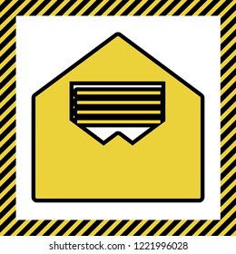 Letter in an envelope sign illustration. Vector. Warm yellow icon with black contour in frame named as under construction at white background. Isolated.