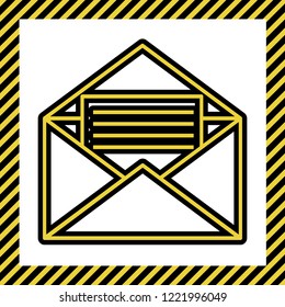 Letter in an envelope sign illustration. Vector. Warm yellow icon with black contour in frame named as under construction at white background. Isolated.