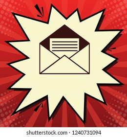 Letter in an envelope sign illustration. Vector. Dark red icon in lemon chiffon shutter bubble at red popart background with rays.