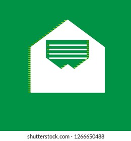 Letter in an envelope sign illustration. Vector. White flat icon with yellow striped shadow at green background.