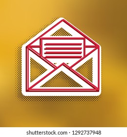Letter in an envelope sign illustration. Vector. Magenta icon with darker shadow, white sticker and black pop art shadow on golden background.