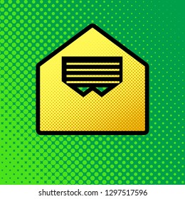 Letter in an envelope sign illustration. Vector. Pop art orange to yellow dots-gradient icon with black contour at greenish background.