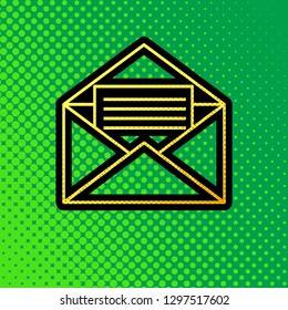 Letter in an envelope sign illustration. Vector. Pop art orange to yellow dots-gradient icon with black contour at greenish background.