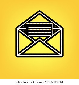 Letter in an envelope sign illustration. Vector. Yellow polka dot white icon with black contour at warm yellow background.