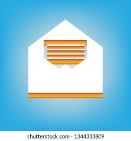 Letter in an envelope sign illustration. Vector. White icon with 3d warm-colored gradient body at sky blue background.