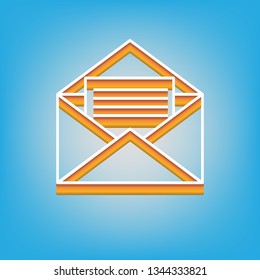 Letter in an envelope sign illustration. Vector. White icon with 3d warm-colored gradient body at sky blue background.