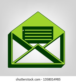 Letter in an envelope sign illustration. Vector. Yellow green solid icon with dark green external body at light colored background.