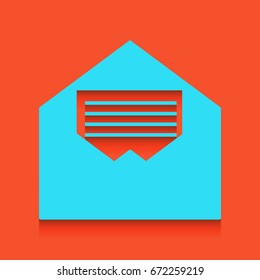 Letter in an envelope sign illustration. Vector. Blue icon with soft shadow putted down on flamingo background.