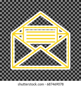 Letter in an envelope sign illustration. Vector. Yellow icon with white contour on dark transparent background.